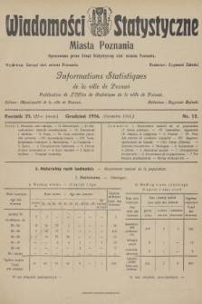 Wiadomości Statystyczne Miasta Poznania = Informations Statistiques de la Ville de Poznań. R.23, 1934, nr 12