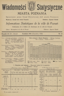 Wiadomości Statystyczne Miasta Poznania = Informations Statistiques de la Ville de Poznań. R.25, 1936, nr 12