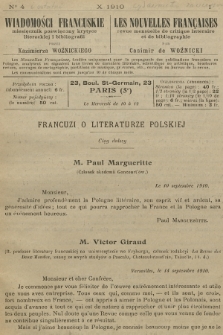 Wiadomości Francuskie : miesięcznik poświęcony krytyce literackiej i bibliografii. [R.] 1, 1910, nr 4