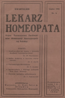 Lekarz Homeopata : organ Towarzystwa Zwolenników Homeopatji Rzeczypospolitej Polskiej = Medécin-Homéopathe : organe officiel de la Société des Adhérents d'Homéopathie de la Pologne. 1932, nr 3