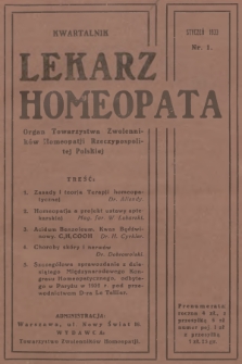 Lekarz Homeopata : organ Towarzystwa Zwolenników Homeopatji Rzeczypospolitej Polskiej = Medécin-Homéopathe : organe officiel de la Société des Adhérents d'Homéopathie de la Pologne. 1933, nr 1