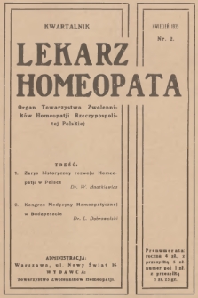 Lekarz Homeopata : organ Towarzystwa Zwolenników Homeopatji Rzeczypospolitej Polskiej = Medécin-Homéopathe : organe officiel de la Société des Adhérents d'Homéopathie de la Pologne. 1935, nr 2 + wkładka