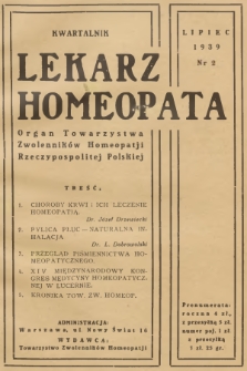 Lekarz Homeopata : organ Towarzystwa Zwolenników Homeopatji Rzeczypospolitej Polskiej = Medécin-Homéopathe : organe officiel de la Société des Adhérents d'Homéopathie de la Pologne. 1939, nr 2