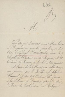 Vous êtes prié d'assister à une Messe basse de Requiem qui sera dite pour le repos de l'âme du Général Zamoyski, dans la Chapelle de l'Oratoire, [...]