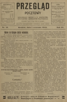 Przegląd Pocztowy : niezawisły organ c. k. Adjunktów, Oficyantów i Aspirantów Pocztowych. R.4, 1913, nr 13