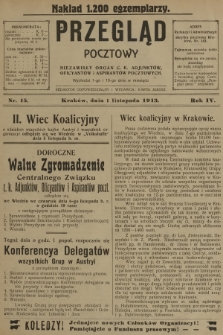 Przegląd Pocztowy : niezawisły organ c. k. Adjunktów, Oficyantów i Aspirantów Pocztowych. R.4, 1913, nr 15