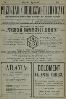 Przegląd Chemiczno-Techniczny : czasopismo poświęcone sprawom przemysłu chemicznego i handlu przetworami chemicznemi. R.1, 1912, №  1