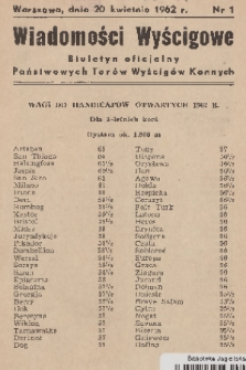 Wiadomości Wyścigowe : biuletyn oficjalny Państwowych Torów Wyścigów Konnych. 1962, nr 1