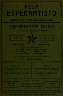 Pola Esperantisto : monata organo de Polaj Esperantistaj Societoj = Esperantysta Polski : organ Towarzystw Esperantystów Polskich. J.3, 1908, nro 4