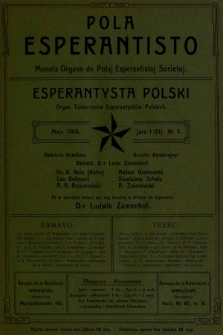 Pola Esperantisto : monata organo de Polaj Esperantistaj Societoj = Esperantysta Polski : organ Towarzystw Esperantystów Polskich. J.3, 1908, nro 5