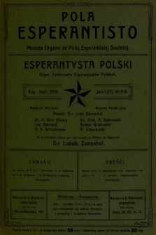 Pola Esperantisto : monata organo de Polaj Esperantistaj Societoj = Esperantysta Polski : organ Towarzystw Esperantystów Polskich. J.3, 1908, nro 8-9