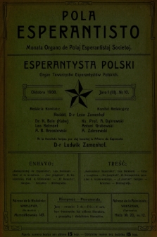 Pola Esperantisto : monata organo de Polaj Esperantistaj Societoj = Esperantysta Polski : organ Towarzystw Esperantystów Polskich. J.3, 1908, nro 10