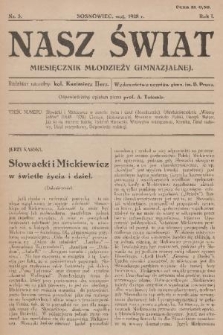 Nasz Świat : miesięcznik młodzieży gimnazjalnej : wydawnictwo uczniów gimn. im. B. Prusa. R.1, 1928, nr 5
