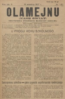 Olamejnu = (Nasz Świat) : pismo perjodyczne żydowskiej młodzieży szkolnej. R.2, 1927, № 1