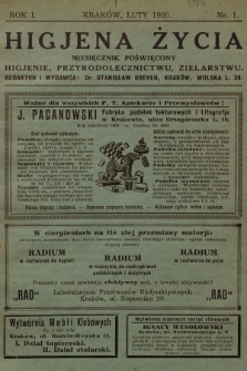 Higjena Życia : miesięcznik poświęcony higjenie, przyrodolecznictwu, zielarstwu. R.1, 1926, nr 1