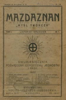 Mazdaznan : „myśl twórcza” : dwumiesięcznik poświęcony odrodzeniu jednostki i rasy. R.1, 1929, No 1