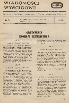 Wiadomości Wyścigowe : biuletyn oficjalny Państwowych Torów Wyścigów Konnych. 1980, nr 5