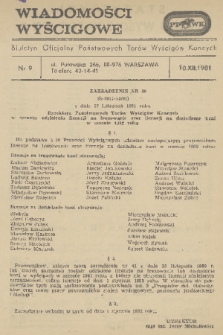 Wiadomości Wyścigowe : biuletyn oficjalny Państwowych Torów Wyścigów Konnych. 1981, nr 9