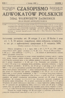 Czasopismo Adwokatów Polskich : Dział Województw Zachodnich : organ Związku Adwokatów Polskich. R.1, 1927, nr 2