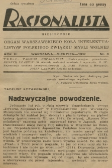 Racjonalista : organ Warszawskiego Koła Intelektualistów Polskiego Związku Myśli Wolnej. R.3, 1932, nr 8