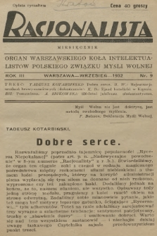 Racjonalista : organ Warszawskiego Koła Intelektualistów Polskiego Związku Myśli Wolnej. R.3, 1932, nr 9