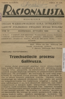 Racjonalista : organ Warszawskiego Koła Intelektualistów Polskiego Związku Myśli Wolnej. R.4, 1933, nr 1
