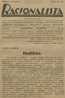 Racjonalista : organ Warszawskiego Koła Intelektualistów Polskiego Związku Myśli Wolnej. R.4, 1933, nr 8