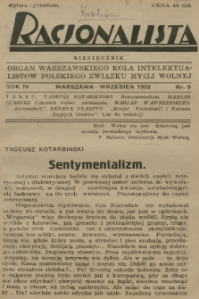 Racjonalista : organ Warszawskiego Koła Intelektualistów Polskiego Związku Myśli Wolnej. R.4, 1933, nr 9
