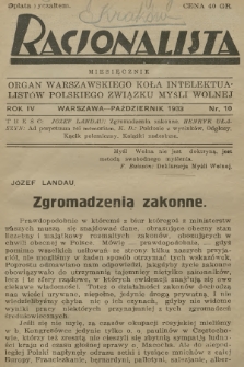 Racjonalista : organ Warszawskiego Koła Intelektualistów Polskiego Związku Myśli Wolnej. R.4, 1933, nr 10
