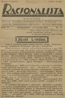 Racjonalista : organ Warszawskiego Koła Intelektualistów Polskiego Związku Myśli Wolnej. R.4, 1933, nr 11