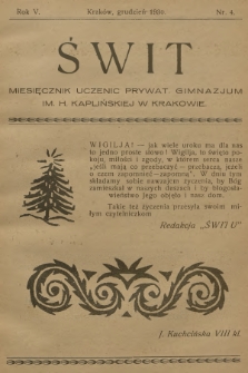 Świt : miesięcznik uczenic Prywat. Gimnazjum im. H. Kaplińskiej w Krakowie. R.5, 1930, nr 4