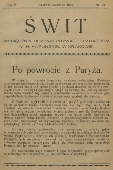 Świt : miesięcznik uczenic Prywat. Gimnazjum im. H. Kaplińskiej w Krakowie. R.5, 1931, nr 10