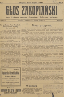 Głos Zakopiański : pismo tygodniowe społeczne, ekonomiczne i kulturalno-oświatowe. R.1, 1923, nr 1