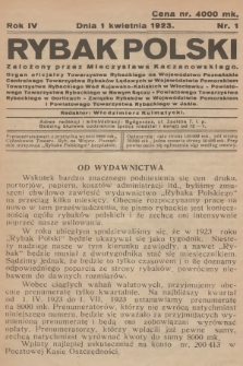 Rybak Polski : organ oficjalny Towarzystwa Rybackiego na Województwo Poznańskie, Centralnego Towarzystwa Rybaków Lądowych w Województwie Pomorskiem, Towarzystwa Rybackiego Wód Kujawsko-Kaliskich w Włocławku, Powiatowego Towarzystwa Rybackiego w Nowym Sączu [...]. R.4, 1923, nr 1