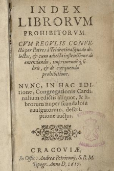 Index Librorvm Prohibitorvm : Cvm Regvlis confectis per Patres a Tridentina Synodo delectos, & cum adiecta instructione de emendandis, imprimendisq[ue] libris, & de exequenda prohibitione