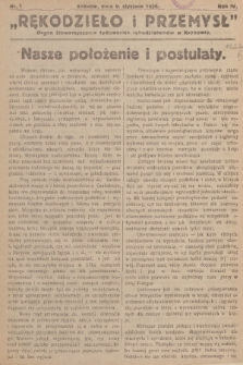 Rękodzieło i Przemysł : organ Stowarzyszenia Żydowskich Rękodzielników w Krakowie. R. 4, 1926, nr 1