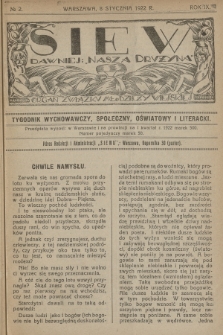 Siew : dawniej „Nasza Drużyna” : organ Związku Młodzieży Wiejskiej : tygodnik wychowawczy, społeczny, oświatowy i literacki. R. 9, 1922, nr 2