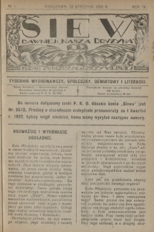 Siew : dawniej „Nasza Drużyna” : organ Związku Młodzieży Wiejskiej : tygodnik wychowawczy, społeczny, oświatowy i literacki. R. 9, 1922, nr 4