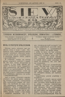 Siew : dawniej „Nasza Drużyna” : organ Związku Młodzieży Wiejskiej : tygodnik wychowawczy, społeczny, oświatowy i literacki. R. 9, 1922, nr 9