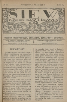 Siew : dawniej „Nasza Drużyna” : organ Związku Młodzieży Wiejskiej : tygodnik wychowawczy, społeczny, oświatowy i literacki. R. 9, 1922, nr 19