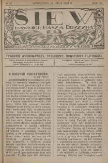 Siew : dawniej „Nasza Drużyna” : organ Związku Młodzieży Wiejskiej : tygodnik wychowawczy, społeczny, oświatowy i literacki. R. 9, 1922, nr 20