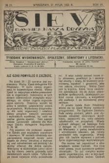 Siew : dawniej „Nasza Drużyna” : organ Związku Młodzieży Wiejskiej : tygodnik wychowawczy, społeczny, oświatowy i literacki. R. 9, 1922, nr 21