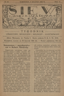 Siew : dawniej „Nasza Drużyna” : organ Związku Młodzieży Wiejskiej : tygodnik oświatowy, społeczny i rolniczy ilustrowany. R. 9, 1922, nr 49