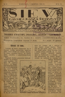 Siew : dawniej „Nasza Drużyna” : organ Związku Młodzieży Wiejskiej : tygodnik oświatowy, społeczny i rolniczy ilustrowany. R. 11, 1924, nr 31