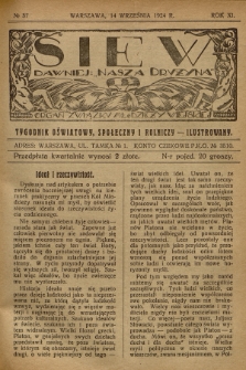 Siew : dawniej „Nasza Drużyna” : organ Związku Młodzieży Wiejskiej : tygodnik oświatowy, społeczny i rolniczy ilustrowany. R. 11, 1924, nr 37