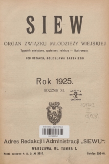 Siew : tygodnik oświatowy, społeczny i rolniczy ilustrowany. R. 12, 1925, Spis rzeczy