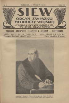 Siew : organ Związku Młodzieży Wiejskiej : tygodnik oświatowy, społeczny i rolniczy ilustrowany. R. 13, 1926, nr 4