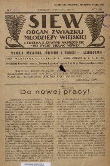 Siew : organ Związku Młodzieży Wiejskiej : tygodnik oświatowy, społeczny i rolniczy ilustrowany. R. 14, 1927, nr 1