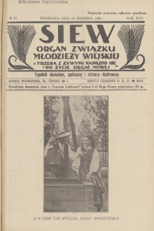 Siew : organ Związku Młodzieży Wiejskiej : tygodnik oświatowy, społeczny i rolniczy ilustrowany. R. 17, 1930, nr 37