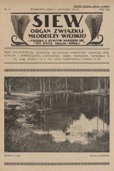 Siew : organ Związku Młodzieży Wiejskiej : pismo wychowawcze, społeczne, kulturalno-oświatowe, rolnicze, spółdzielcze i samorządowe ilustrowane. R. 21, 1934, nr 21